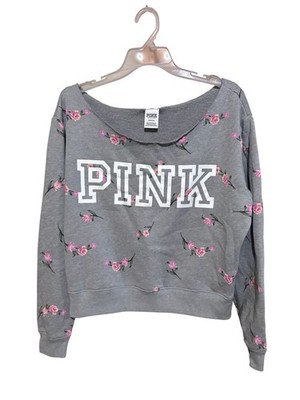 Victoria's Secret PINK  Womens Large Grey Pink Roses Long Sleeve Sweatshirt