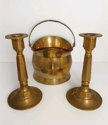 VTG Set of 3 Rustic Indian Brass coal scuttle bucket & 2 Candle Holder 