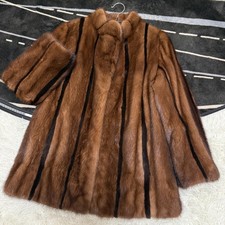 Cappotto pelliccia vera Demi Buff visone design a righe marrone taglia 9 S-M dal Giappone