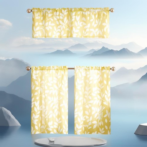 Leaf Print Kitchen Curtains 36" Short Tier Curtain Set for Bathroom Windows M...