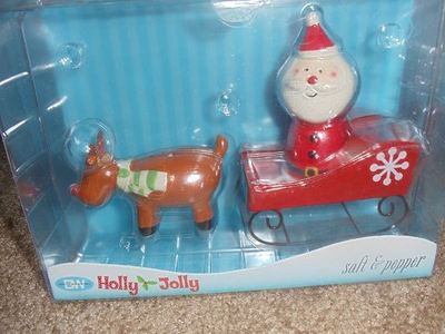 Boston Warehouse Holly Jolly Salt & Pepper Shakers Christmas  Santa Rudolph NIB
