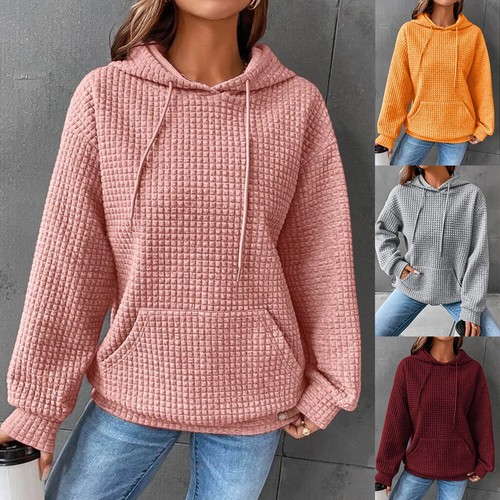 Langärmliges Damen-Sweatshirt Mit Kapuze Waffel-Oberteil Kordelzug- < - Bild 6 von 31