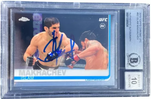 ISLAM MAKHACHEV SIGNED 2019 TOPPS CHROME UFC RC CARD #92 BECKETT BAS AUTO 10 4