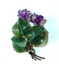 Bl&uuml;ten Brosche - 585er / 14K Gold  - Nephrit Diamanten & Amethyst