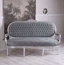 Barock Sofa Sitzbank silber Sofabank Kanapee Couch antik Polsterbank Samt Grau
