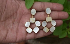 Mother of Pearl Bridesmaids Gift Dangle Gold Plated Brass Handmade Earrings 