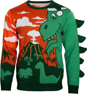 Adult Unisex 3D T-Rex Santa Hat Light UP LED Volcano Lava Ugly Christmas Sweater