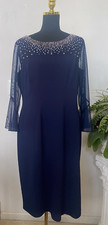 Alex Evenings Women's Embellished Beaded Illusion Navy Sheath Dress Sz 16, 198
