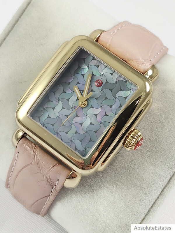 NEW Michele Deco Gold Mosaic Blue Pink MOP Watch Alligator Band