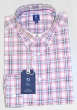 NWT Footjoy 1857 Stretch Cotton Woven Classic Plaid Dress Shirt White Pink 26268