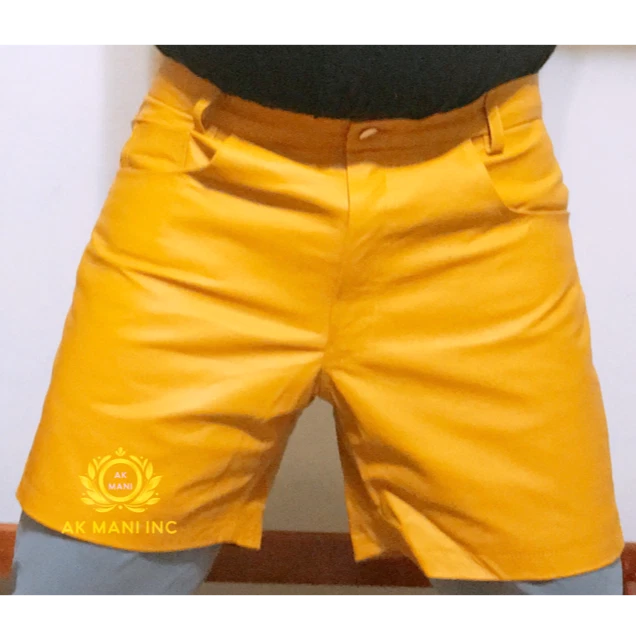 Mens Genuine Leather Short Yellow Casual 5 Pockets Short Zipper Fly Real Leather