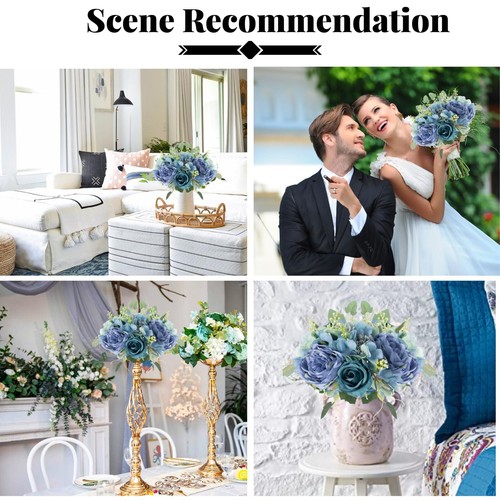 Blue Artificial Peonies Fake Peony Flowers Silk Roses Faux Floral Centerpiece... - Picture 5 of 7