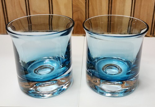2 tumbler base in vetro svasato blu lowball pesi pesanti spinta nella base MCM stoviglie - Foto 6 di 7