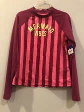 NWT Arizona Jean Co Girls Pink Stripe Mermaid Vibes 50 Rash Guard Swim Shirt