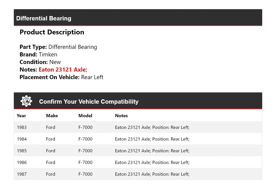 Cojinete diferencial trasero izquierdo para Ford F-7000 1983-1987 Timken 1984 1985 1986 Foto 2 de 4