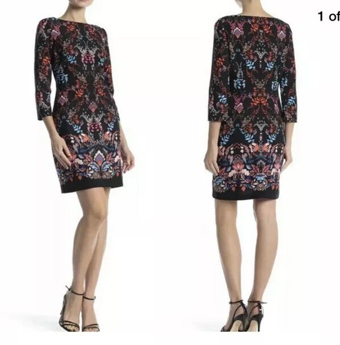 New Vince Camuto Printed Scuba Shift Dress Woman Size 4 Black Floral 3/4 Sleeve - Picture 5 of 7
