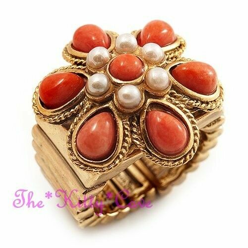 Regency Baroque Vintage Gold & Coral Orange Pearl Flower Statement Cocktail Ring - Picture 8 of 11