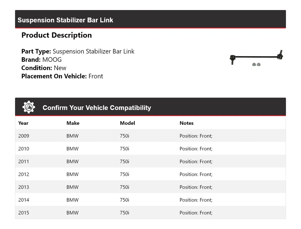 Barra estabilizadora de suspensión delantera MOOG 2009 2010 2011 BMW 750i 2009-2015 Foto 2 de 4