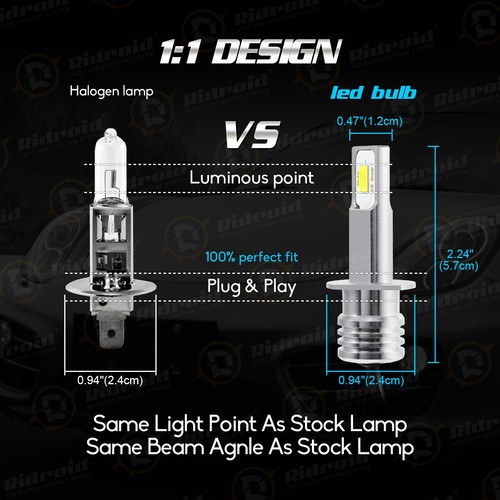H1 6000K White LED Headlight Bulb Conversion Kit Low Beam Replace Halogen Pair - Picture 4 of 12