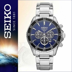seiko men's solar chronograph silvertone watch with blue dial