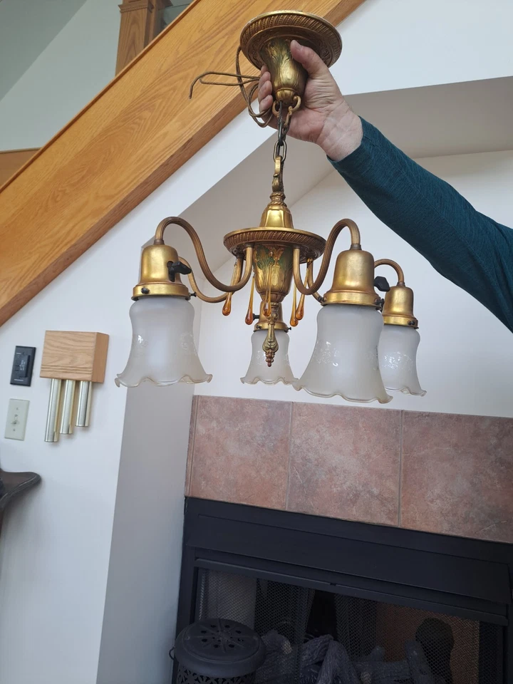 Pendent Vintage Bryant 5 Arm Antique Chandelier Light Fixture Etched Globes - Image 3 of 4