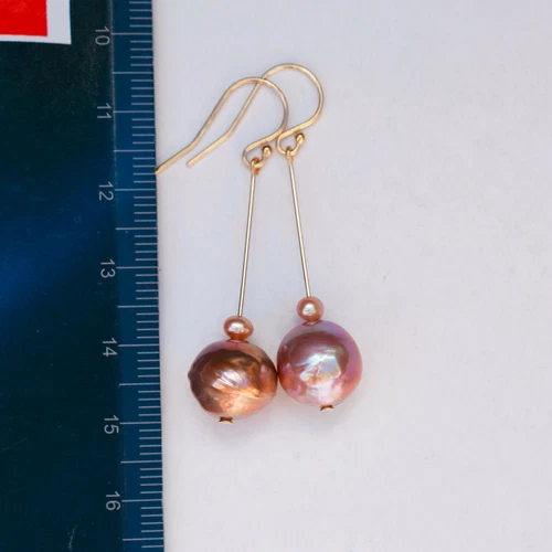 E210 Baroque 11-12mm pearl Natural amazing Gold-Purple 14KGF earring AAAALUSTER  - Picture 5 of 12