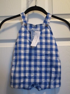 JACADI PARIS KIDS BLUE/WHITE CHECK SHORTALL ROMPER SIZE 18 MOS NEW