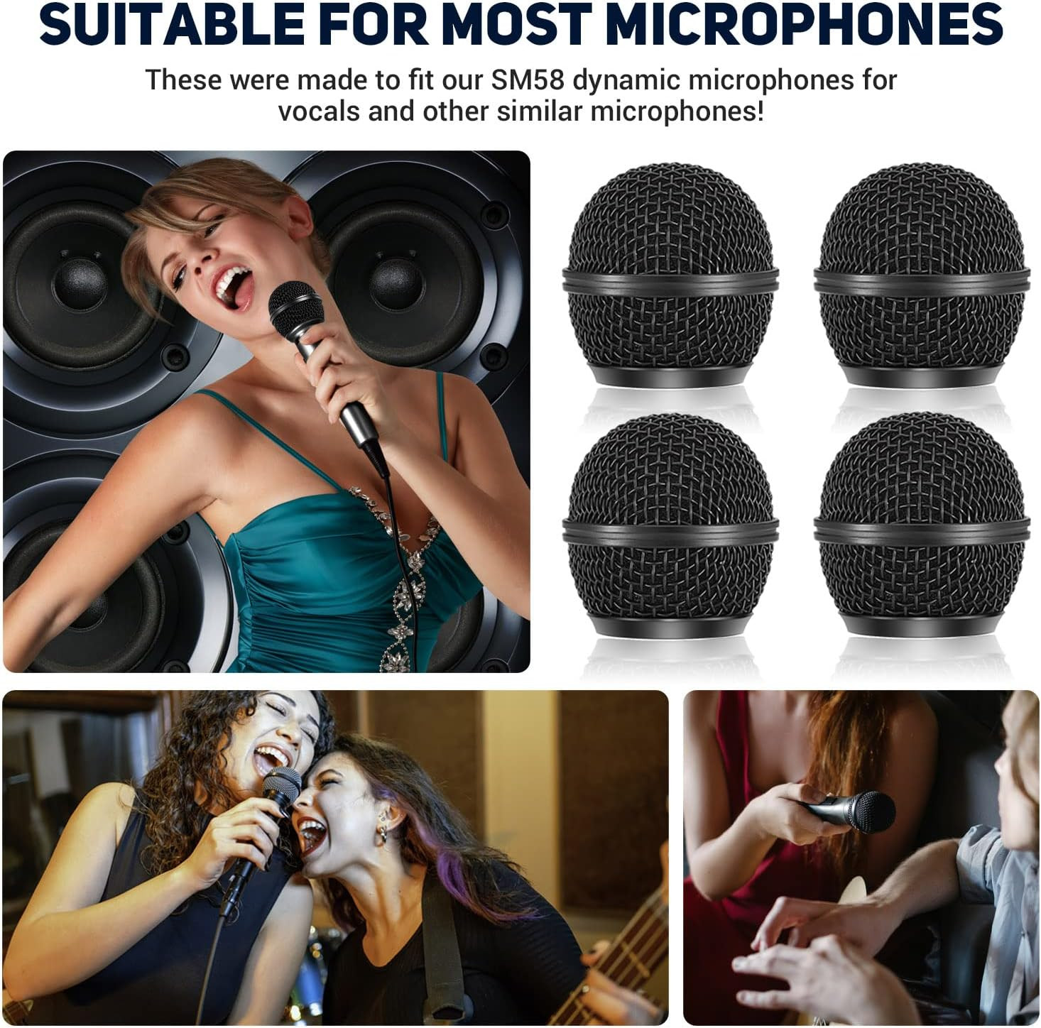 Facmogu 4PCS Black Microphone Ball Head Mesh Grill, SM58 Style Brushed Nickel Re