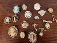 lot of 16 Victorian Styled Costume Jewelry Cameo, Drop Pins, mother of pearl pin