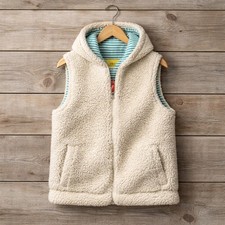 Mini Boden Kids Cream Sherpa Fleece Hooded Vest Zip Up Striped Lining 9-10Y