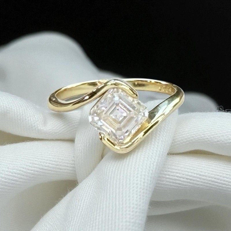 Asscher Cut 2 Ct Moissanite Set In 18KT YG Over Sterling Silver Statement Ring