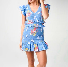LOVESHACKFANCY Blue Floral Smocked Ruffle Mini Dress V-Neck Womens S