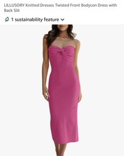 Pink Strapless Knit Dress, Twisted Front Bodycon Dress w/Back Slit, Size Medium