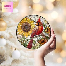Cardinal Sunflower Suncatcher Glass Window Decor Bird Flower