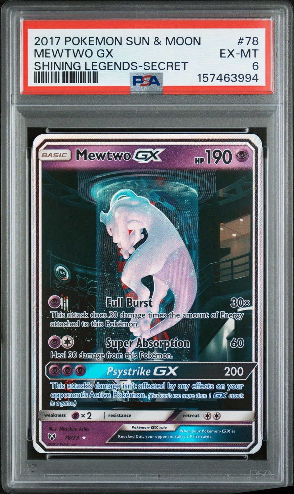 PSA 6 Mewtwo GX #78/73 Shining Legends 2017 Mewtube Secret Rare Pokémon