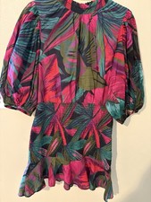 Farm Rio Midnight Leaves Mock Neck Puff Sleeve Mini Dress Green & Pink Size M