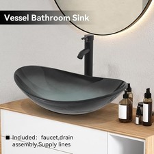 Countertop Sink Basin Bathroom Cloakroom Wash Bowl Tempered Glass Tap Waste Set