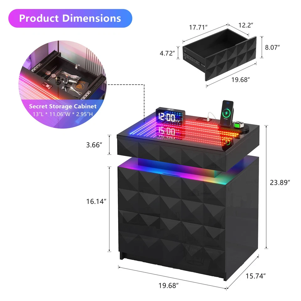 Mesita de Noche Gurexl con Luz LED RGB, Mesita de Noche Vidrio Templado y Tapa Deslizante Foto 2 de 4
