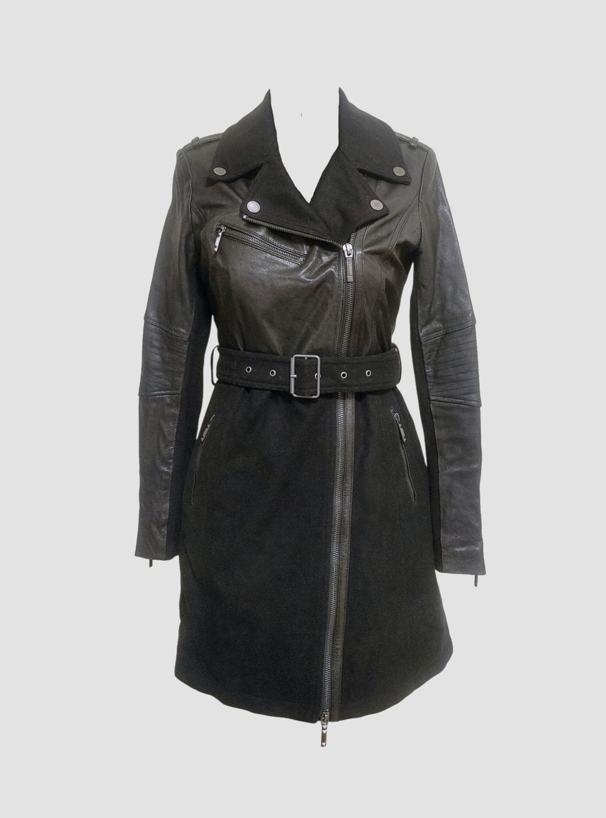 BCBGMAXAZRIA Coat Black Leather Wool Biker Cut + Belt Women S "Johnna" Like New
