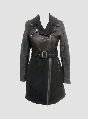 BCBG Max Azria Mantel schwarz Leder Wolle Biker Cut mit Gürtel Damen S ''Johnna''