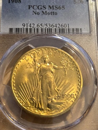 1908 No Motto $20 Saint Gaudens Gold Double Eagle - PCGS MS65