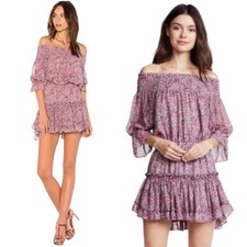 Misa Castellar Floral Violet Pink Smock Neck Ruffled Tier Coquette Cottage Dress