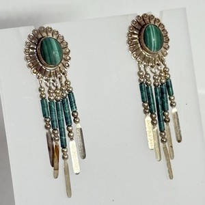 Vintage QT Sterling Silver Green Malachite Earrings Dangle Spikes Oval Quoc 2"