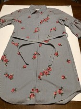 CALVIN KLEIN Women’s Striped Embroidered Floral Shirtdress 3/4 Bell Sleeves 12