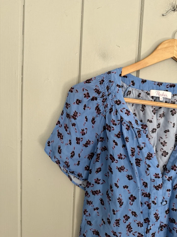 Top Parker 100% Seda M Mediano Mangas Cortas Azul Estampado Floral Mangas Cortas Foto 3 de 4