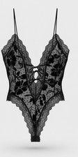 Vtg Victorias Secret Gold Label Black Lace 90s Sheer Bodysuit Black M Burnout