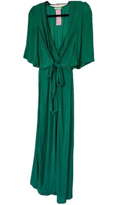 Oysho Green Wrap Maxi Dress M Belted Flutter Sleeve Boho Resort