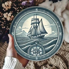 Retro Nautical Compass Sailboat Round Aluminum Decor 8X8Inch