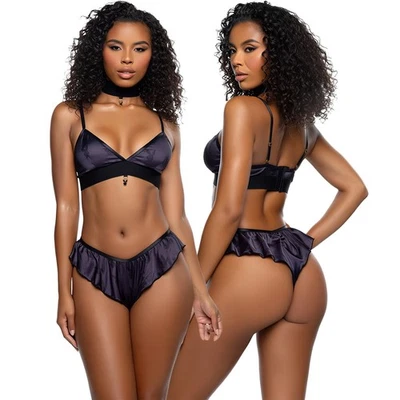 Playboy Blackout Bunny Satin Flutter Bralette Set Gold Charm Black XS-XL - Image 1 of 4