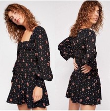 Free People Boho Two Faces Mini Dress Black Smocked Waist Balloon Sleeve Small